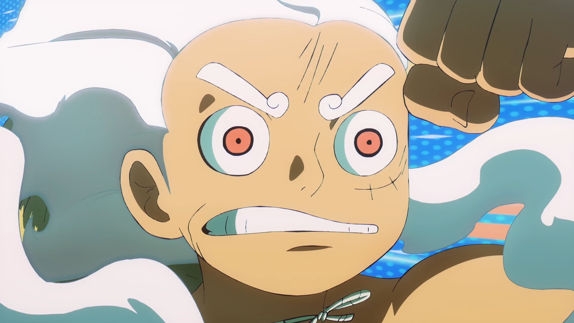 HD PC desktop wallpaper of Monkey D. Luffy (One Piece) in Gear 5 — animated close-up with wide eyes, gritted teeth and raised fist against a blue, swirling background.