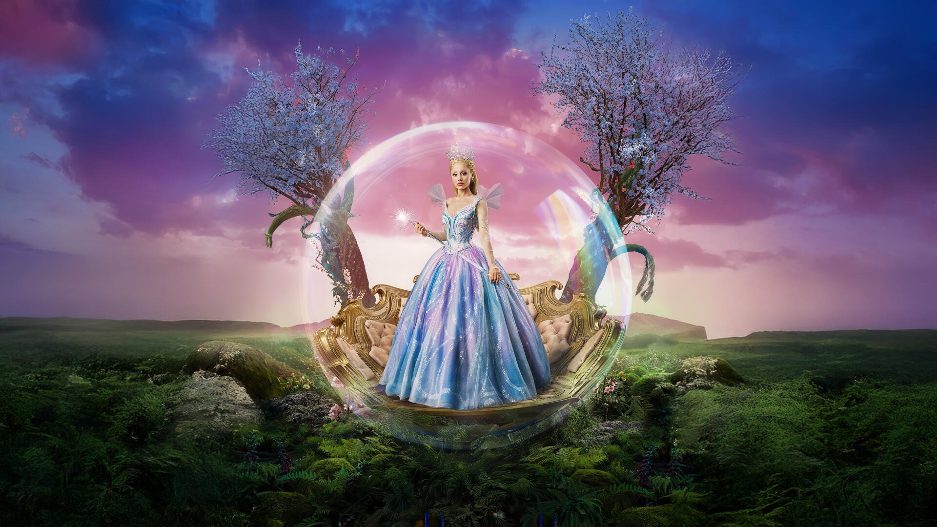Wicked: For Good 5K Ultra HD PC desktop wallpaper — a woman in a shimmering blue gown stands inside a glowing bubble on a floating grassy island with two twisted trees under a violet sky.