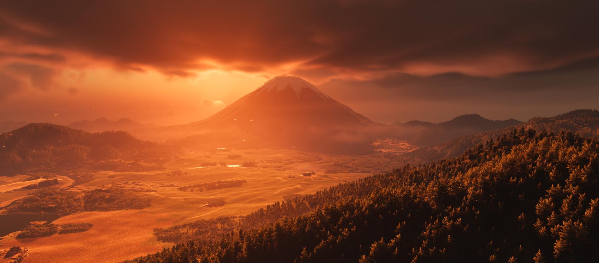 2K Quad HD PC wallpaper: video game Ghost of Yōtei landscape at sunset, orange sky and sunlight bathing a valley with distant volcanic peak and forested foreground.