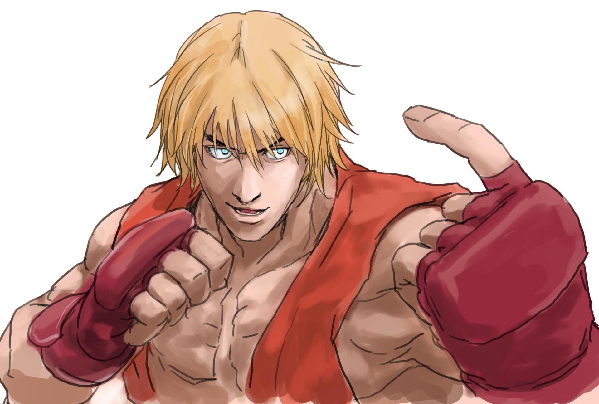 HD PC desktop wallpaper of the Street Fighter video game character Ken Masters: muscular blond fighter in a red gi and gloves, poised to strike on a white background.