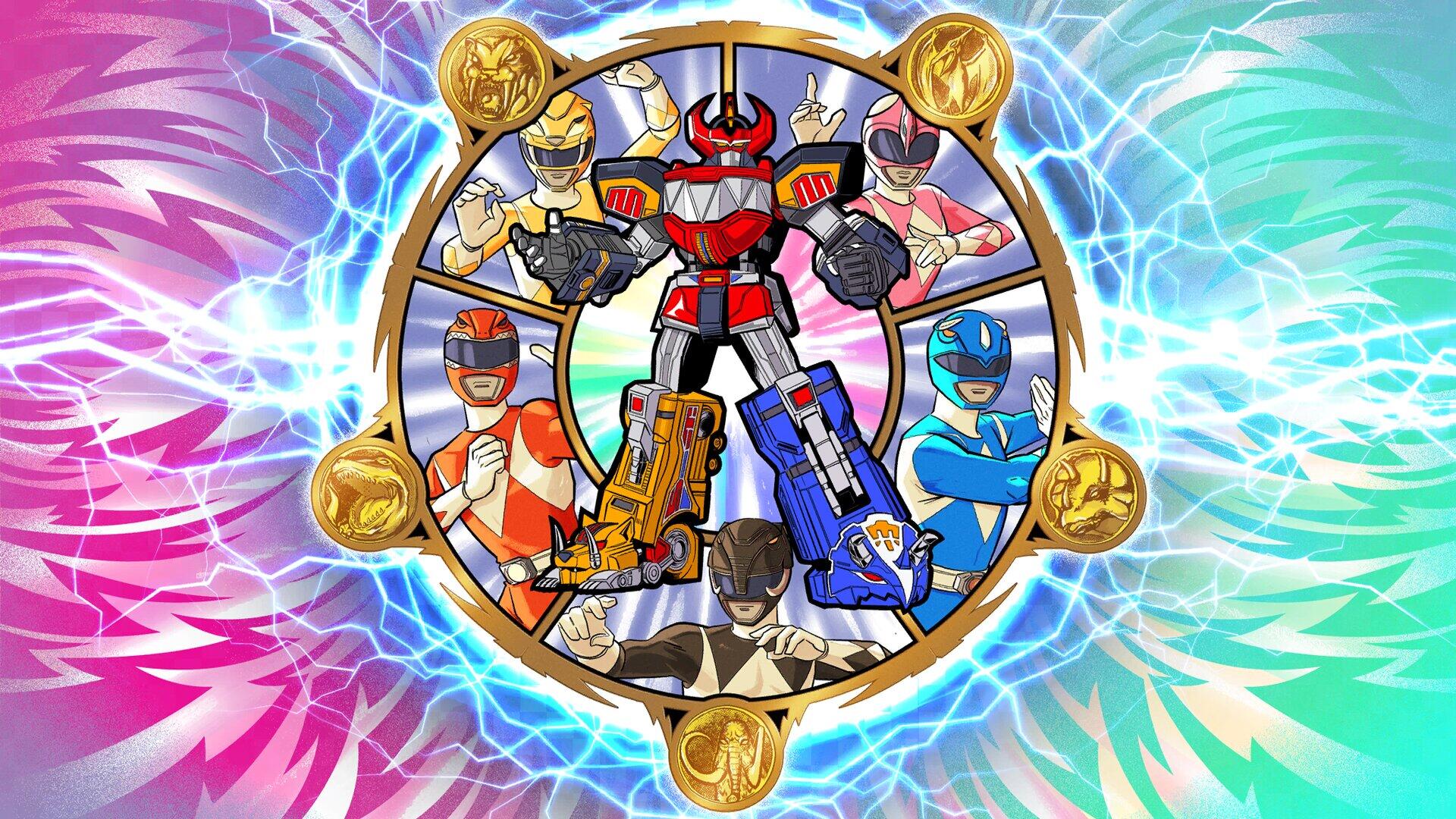 HD PC desktop wallpaper: Fortnite video game Power Rangers surrounding their Megazord in a circular emblem with vibrant blue and pink energy.