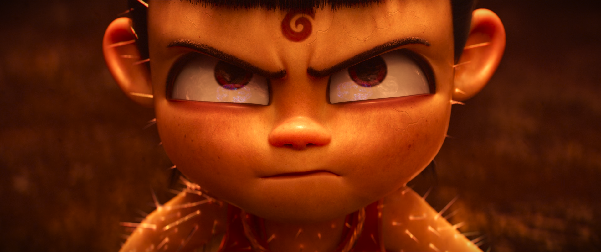 Close-up of Ne Zha from the anime movie, fierce gaze and glowing embers, rendered as a bold 2K Quad HD PC desktop wallpaper/background.