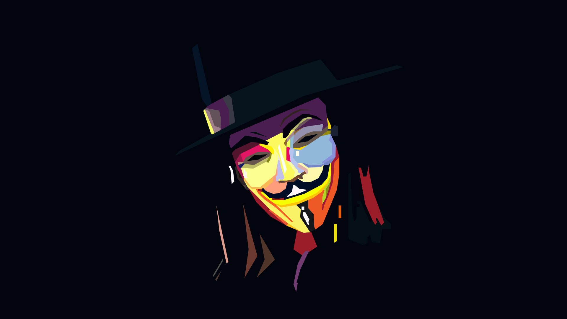 Minimalist 8K Ultra HD PC desktop wallpaper: stylized Guy Fawkes Anonymous mask from V for Vendetta in neon colors against a deep black background.