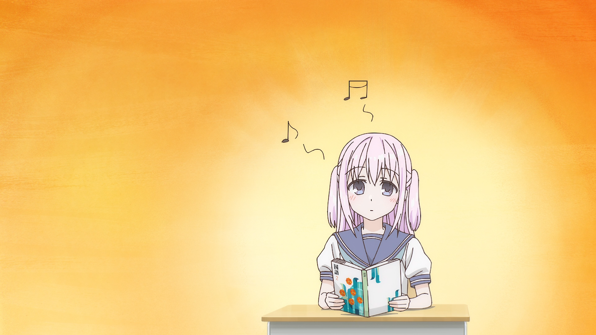 Anime HD PC wallpaper: inexpressive Kashiwada (pink-haired) sits at a desk reading a small book with musical notes, referencing the Inexpressive Kashiwada and Expressive Oota tag against an orange gradient background.