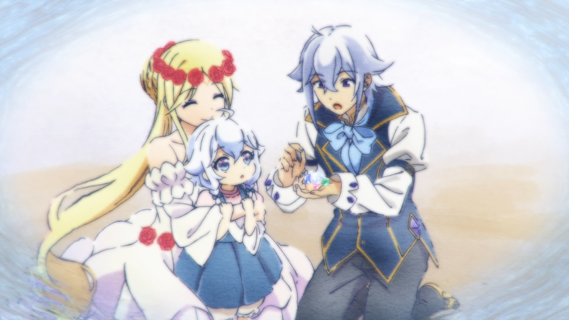 HD anime desktop wallpaper: Ellen, Rovel Vankreift and Origin from Dad is a Hero, Mom is a Spirit, I'm a Reincarnator — parents gently holding a small child in a soft pastel scene.