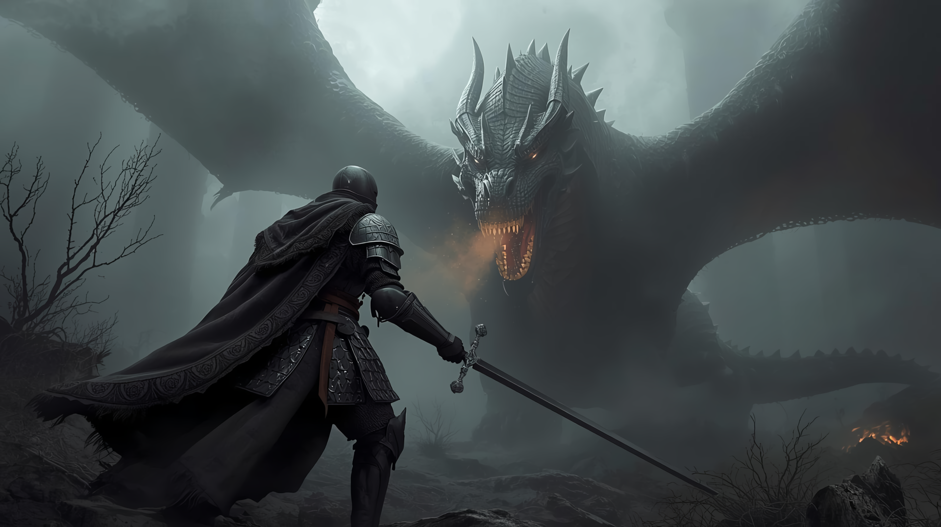 Epic 2K Quad HD PC desktop wallpaper: lone armored warrior raises a sword to confront a towering, fire‑breathing dragon amid mist and ruined terrain.