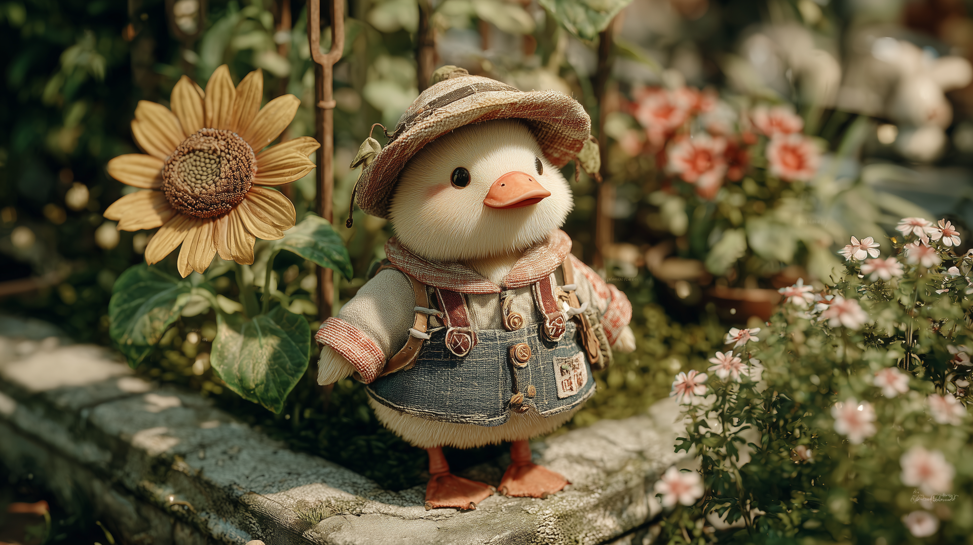 Cute AI Art toy animal: a plush duck in a straw hat and denim overalls on a mossy stone ledge among sunflowers and blossoms — 2K Quad HD PC desktop wallpaper/background.