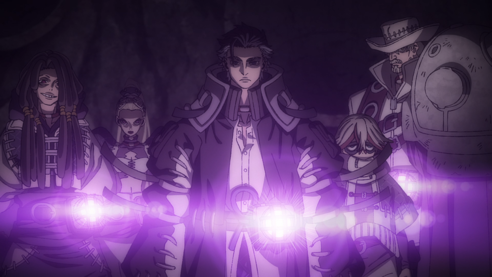 Anime Gachiakuta HD PC desktop wallpaper: a dark, dramatic group of characters led by a stern figure, bathed in a horizontal purple energy glow.