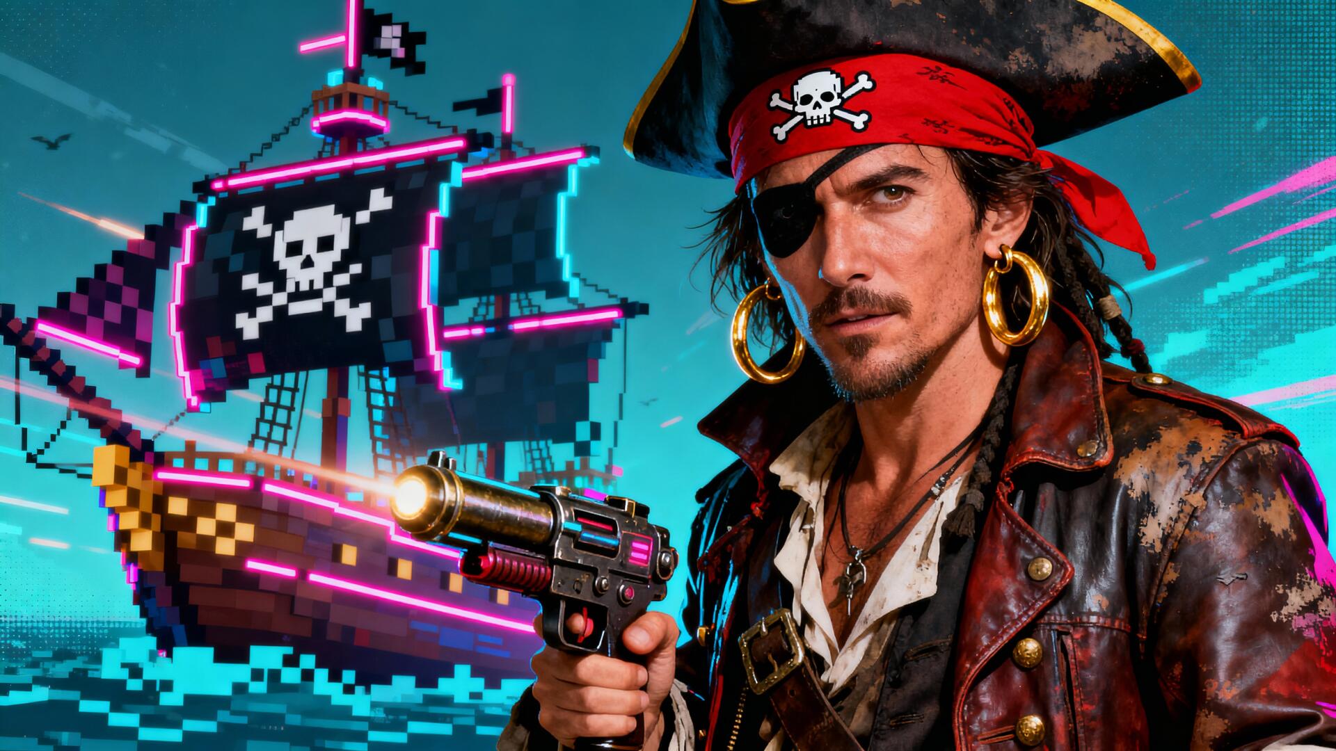 4K Ultra HD PC desktop wallpaper and background — rugged pirate with a red bandana, gold hoop earrings and pistol stands before a neon, pixelated pirate ship under a stormy teal sky.