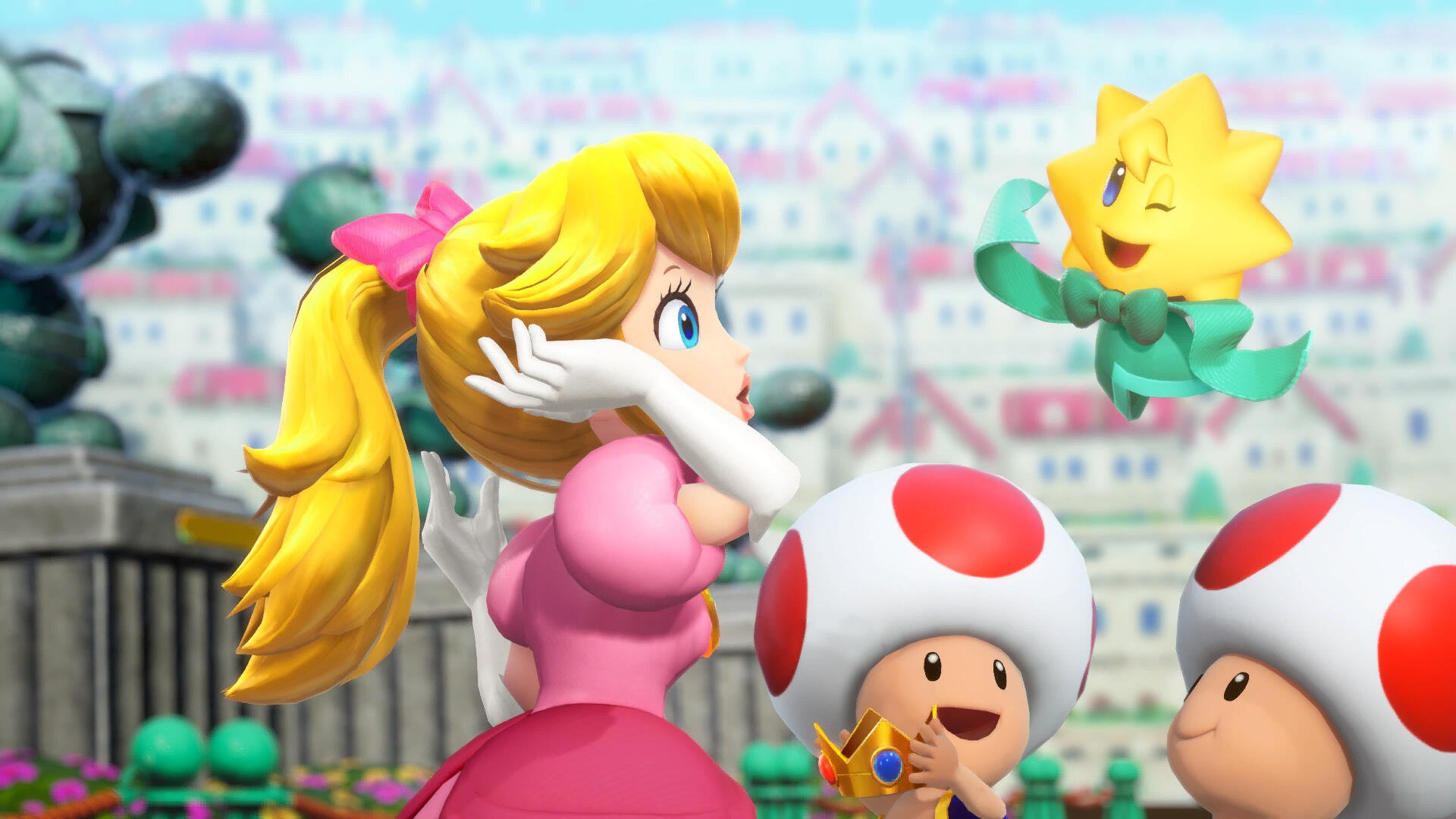 HD PC desktop wallpaper Princess Peach Showtime!: Princess Peach poses with two Toads and a smiling Luma star in a bright, colorful Mario-themed background.