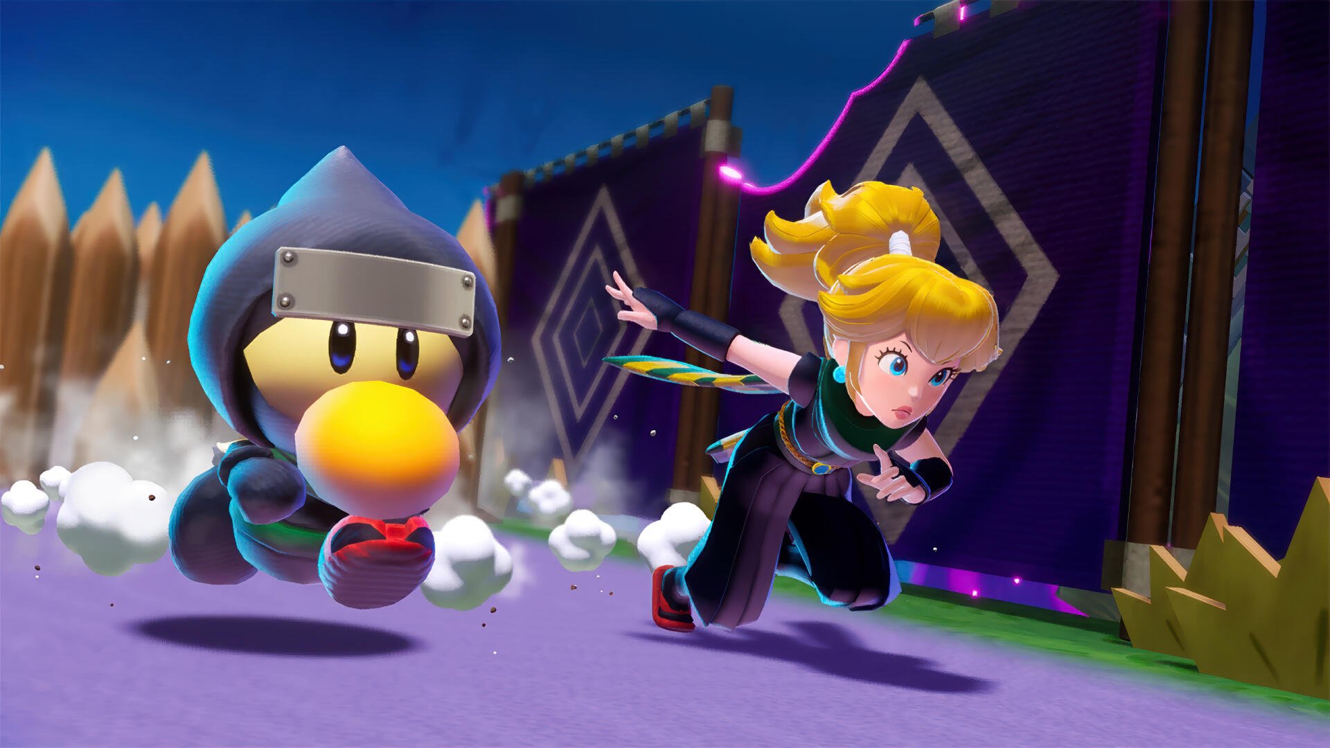 Princess Peach Showtime! HD PC desktop wallpaper showing Princess Peach in a black stage outfit sprinting with a hooded, round companion across a vibrant theatrical backdrop.