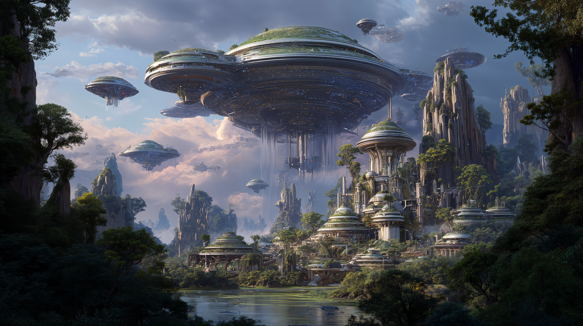 4K Ultra HD PC desktop wallpaper of a Sci Fi, sci fi city: floating disk citadels above terraced temples, misty mountains, hovering craft and a reflective river.