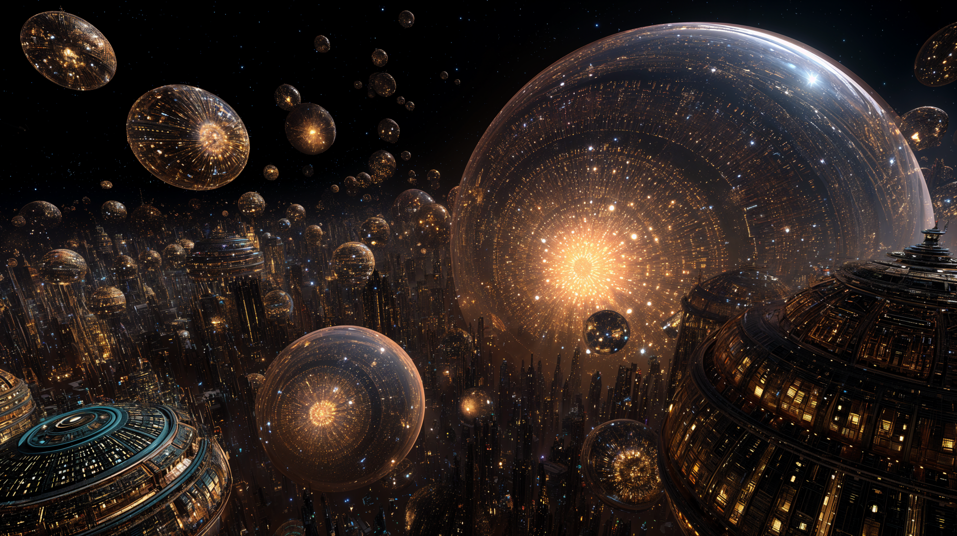 Sci Fi sci fi city 4K Ultra HD PC Desktop Wallpaper and Background: sprawling futuristic metropolis of glowing golden domes and floating spheres beneath a radiant cosmic horizon.