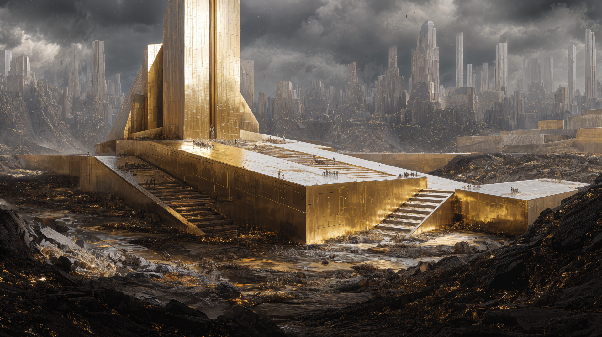 4K Ultra HD PC desktop wallpaper, sci-fi structure: monumental golden platform with ramps and stairs on a rocky wasteland beneath a stormy, futuristic skyline.