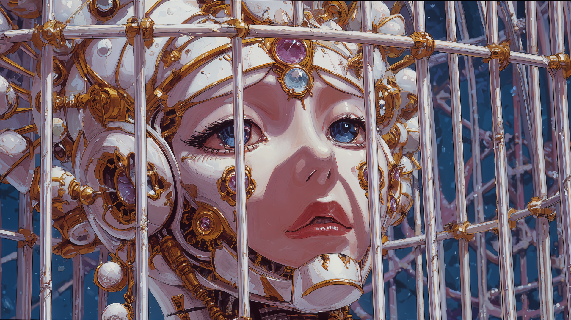 4K Ultra HD PC desktop wallpaper and background — sci-fi cyborg robot woman with ornate gold, pearls and jewels, her face framed by metallic cage bars and glassy, expressive eyes.