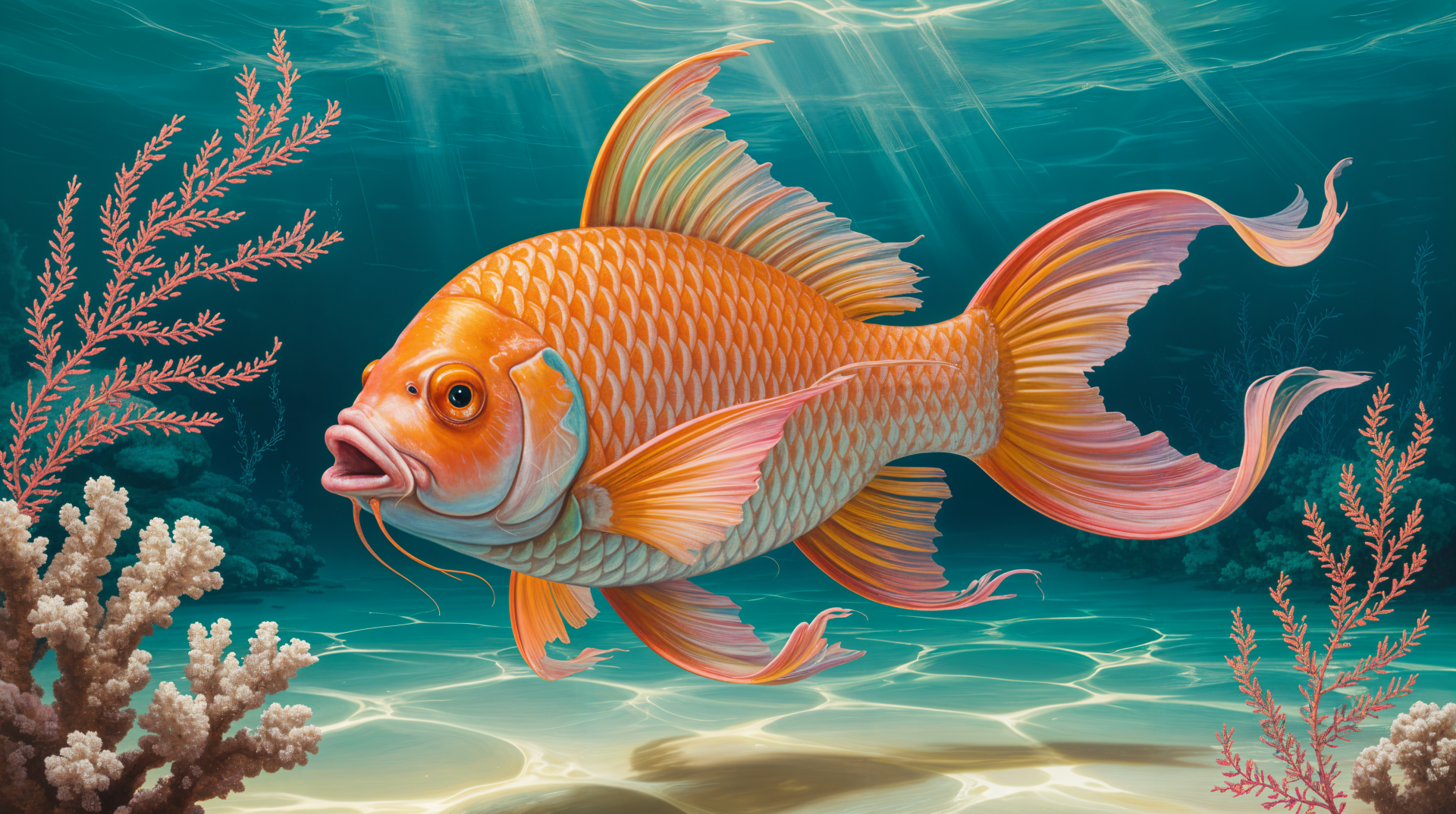 Vibrant orange-gold fish swimming above a sandy seabed with coral and sunbeams through turquoise water — 4K Ultra HD PC desktop wallpaper and background.