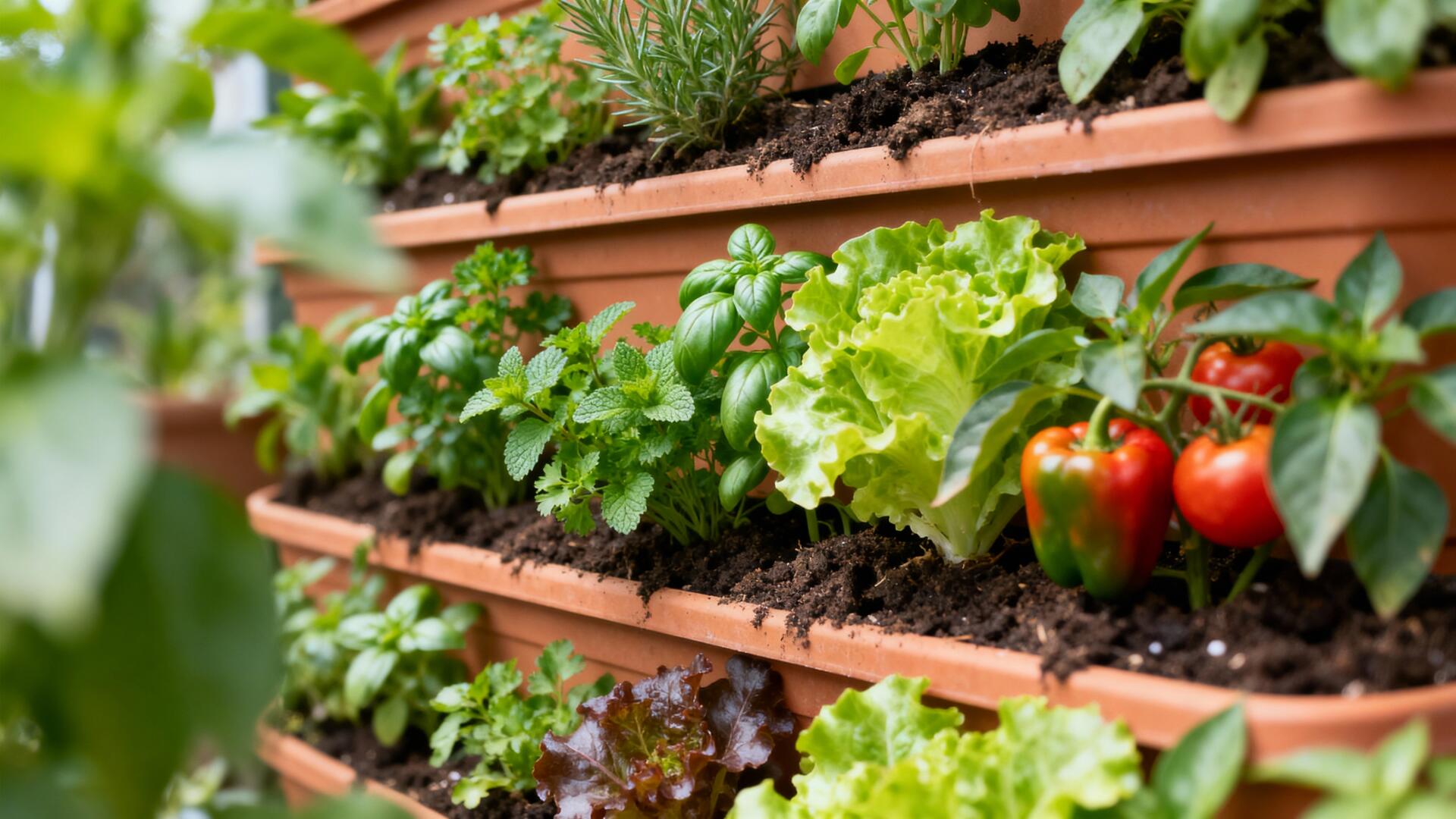 Vertical garden of herbs, lettuce and ripe tomatoes in terracotta tiers — vibrant close-up 4K Ultra HD PC desktop wallpaper and background.