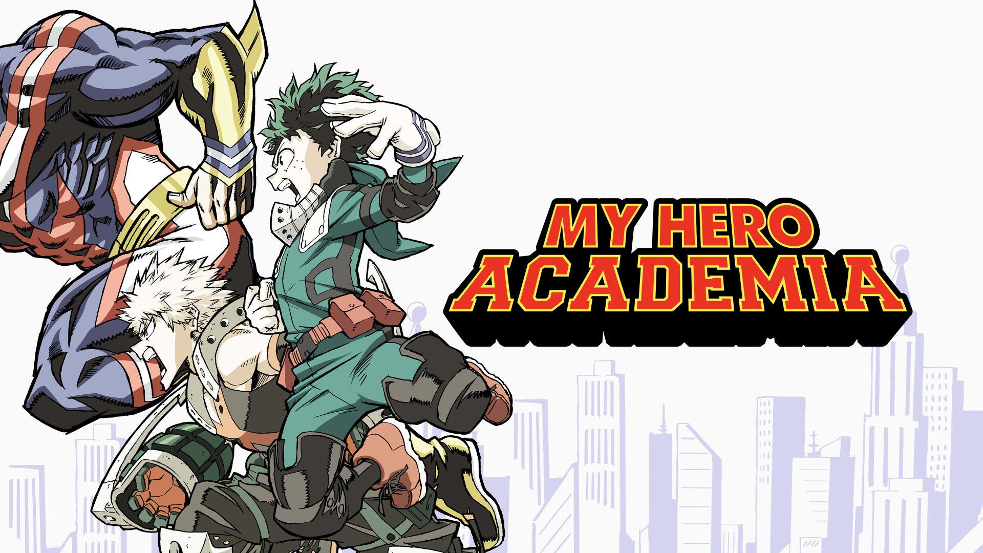 My Hero Academia 4K Ultra HD PC desktop wallpaper featuring Izuku Midoriya (Deku) and Katsuki Bakugo in action beside the series logo over a pale city skyline.