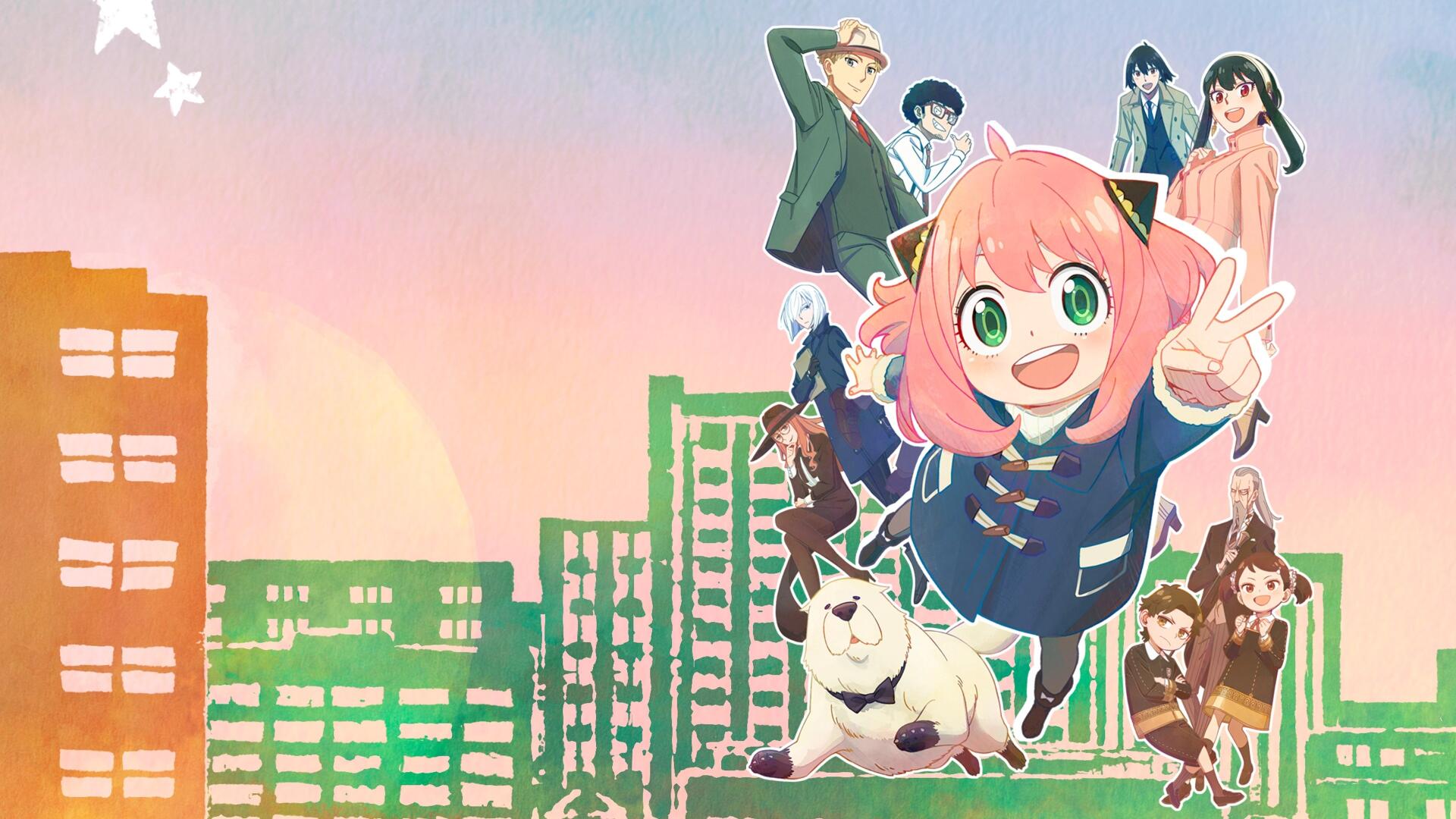 Spy x Family 4K Ultra HD PC desktop wallpaper background: Anya smiling and flashing a peace sign alongside Bond, Loid and Yor against a pastel city skyline.