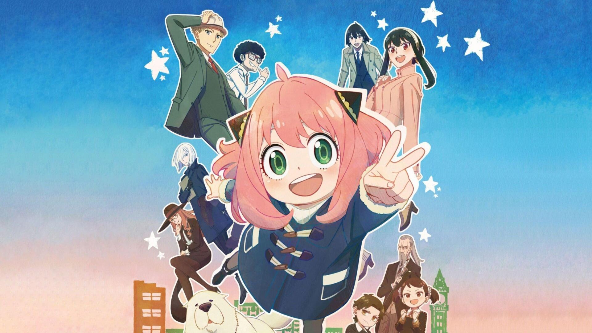 Spy x Family 4K Ultra HD PC desktop wallpaper: cheerful Anya Forger flashes a peace sign front and center, with Loid, Yor, Bond and other characters against a starry twilight sky.