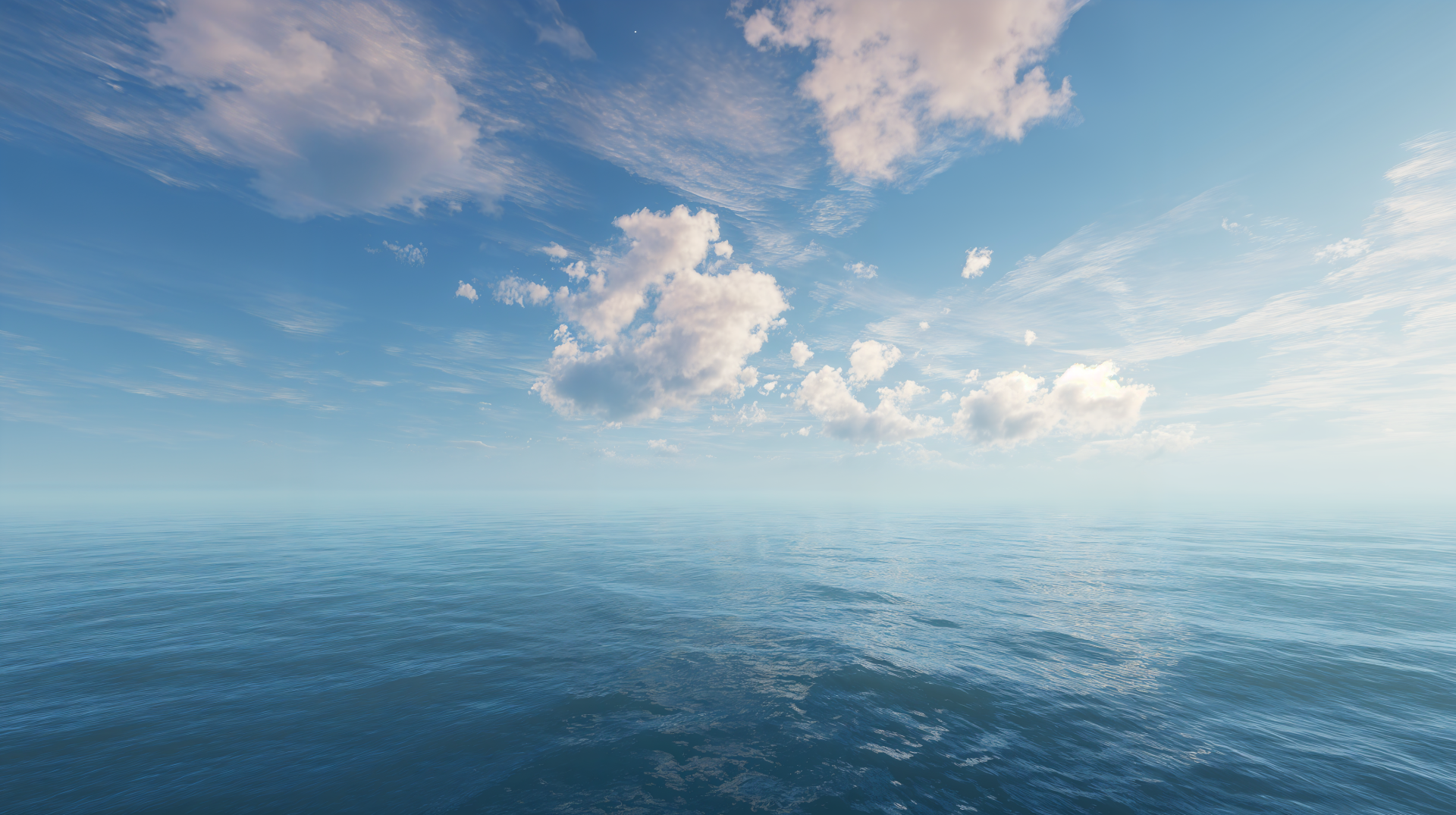 4K Ultra HD PC desktop wallpaper: tranquil ocean stretching to a distant horizon beneath a bright blue sky dotted with soft, scattered clouds.