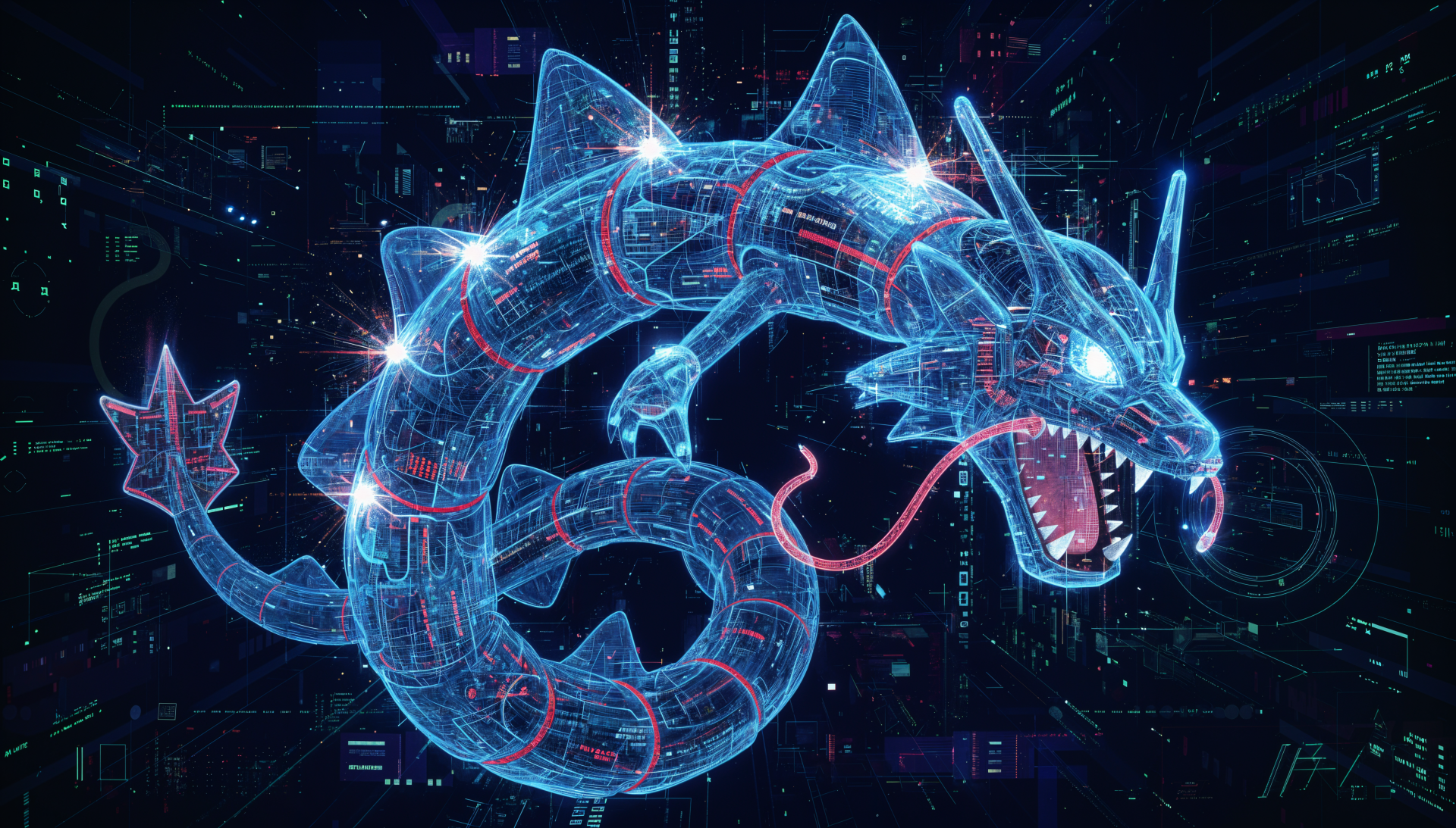 Glowing cybernetic Gyarados (Pokémon) in blue wireframe, snarling and coiled over a circuit-like dark backdrop — 4K Ultra HD PC desktop wallpaper/background.