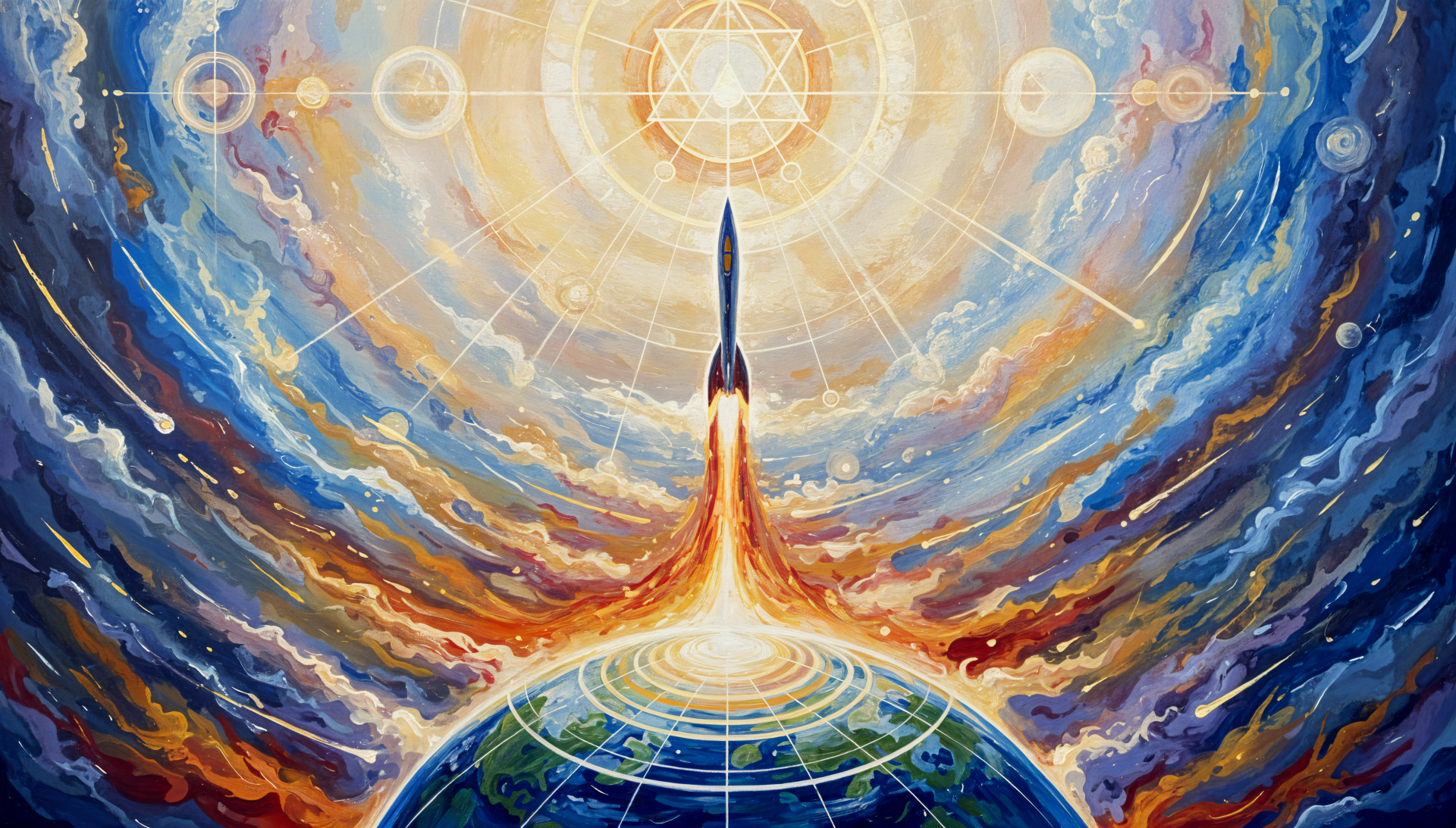 Vibrant 4K Ultra HD PC desktop wallpaper and background: a rocket blasting off from Earth into radiant, swirling cosmic skies.