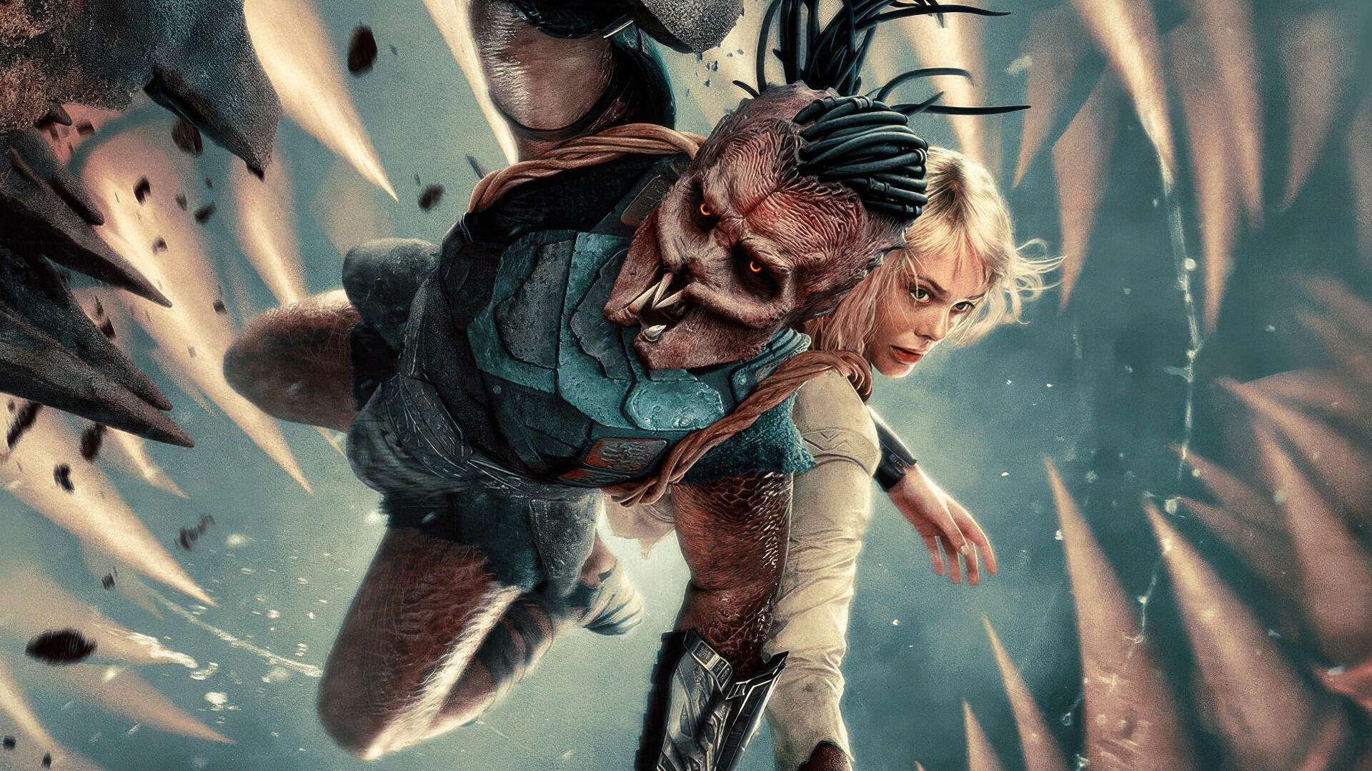 Predator: Badlands 4K Ultra HD PC wallpaper — a snarling Predator carries a blond human as bone-like spikes rain down amid teal-hued chaos.