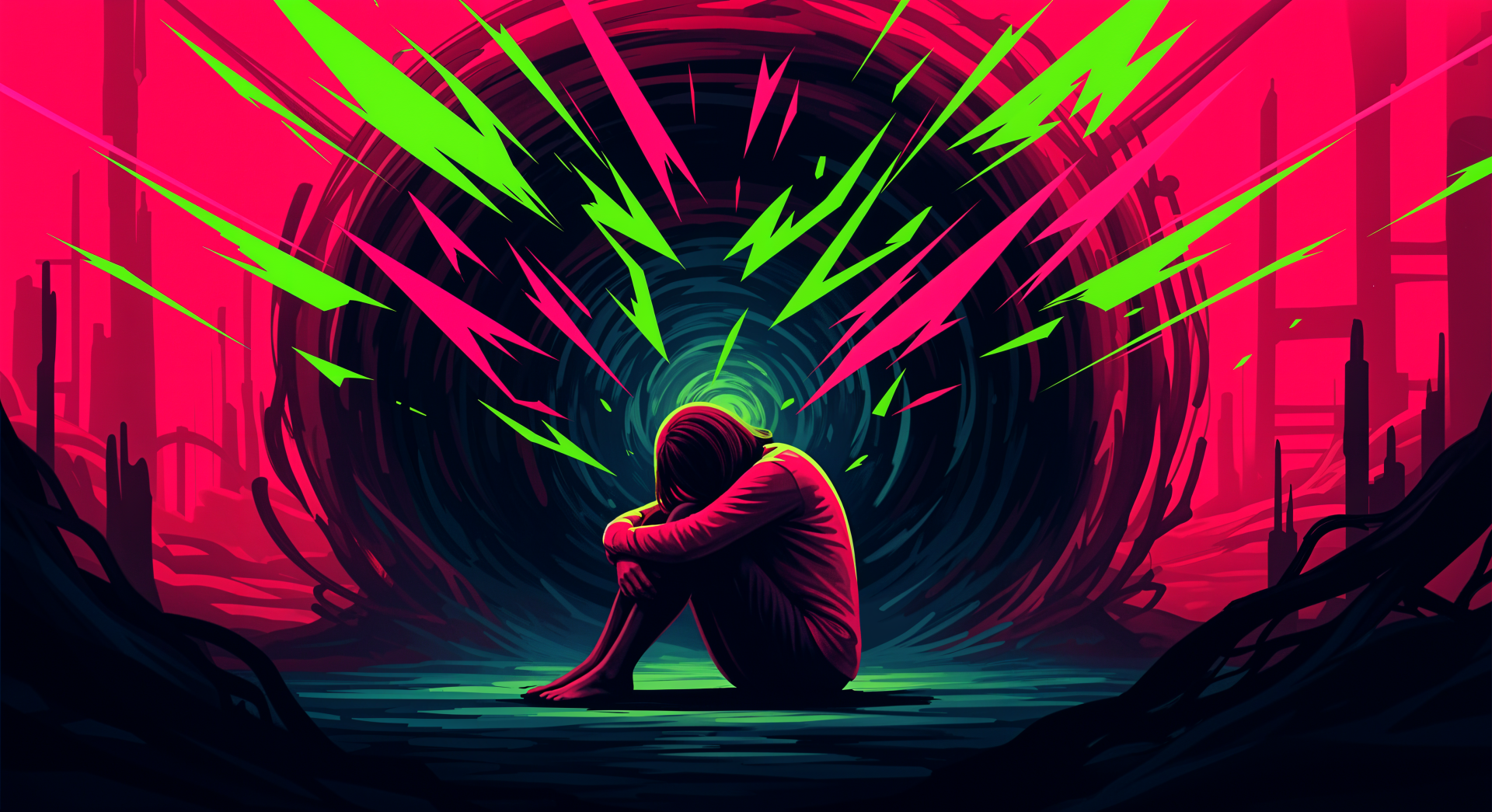 4K Ultra HD PC desktop wallpaper and background: lone figure curled on the ground before a swirling neon vortex of pink and green lightning, conveying isolation and depression.