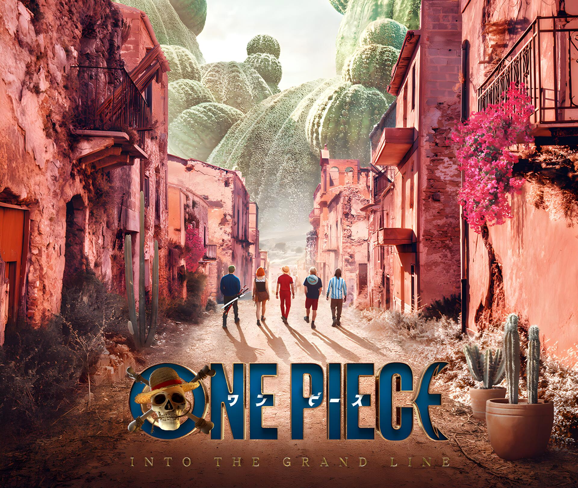 4K Ultra HD PC desktop wallpaper of One Piece (Live Action) TV show: Straw Hat crew walk down a sunlit pink village street toward a giant palm tree, series logo at bottom.