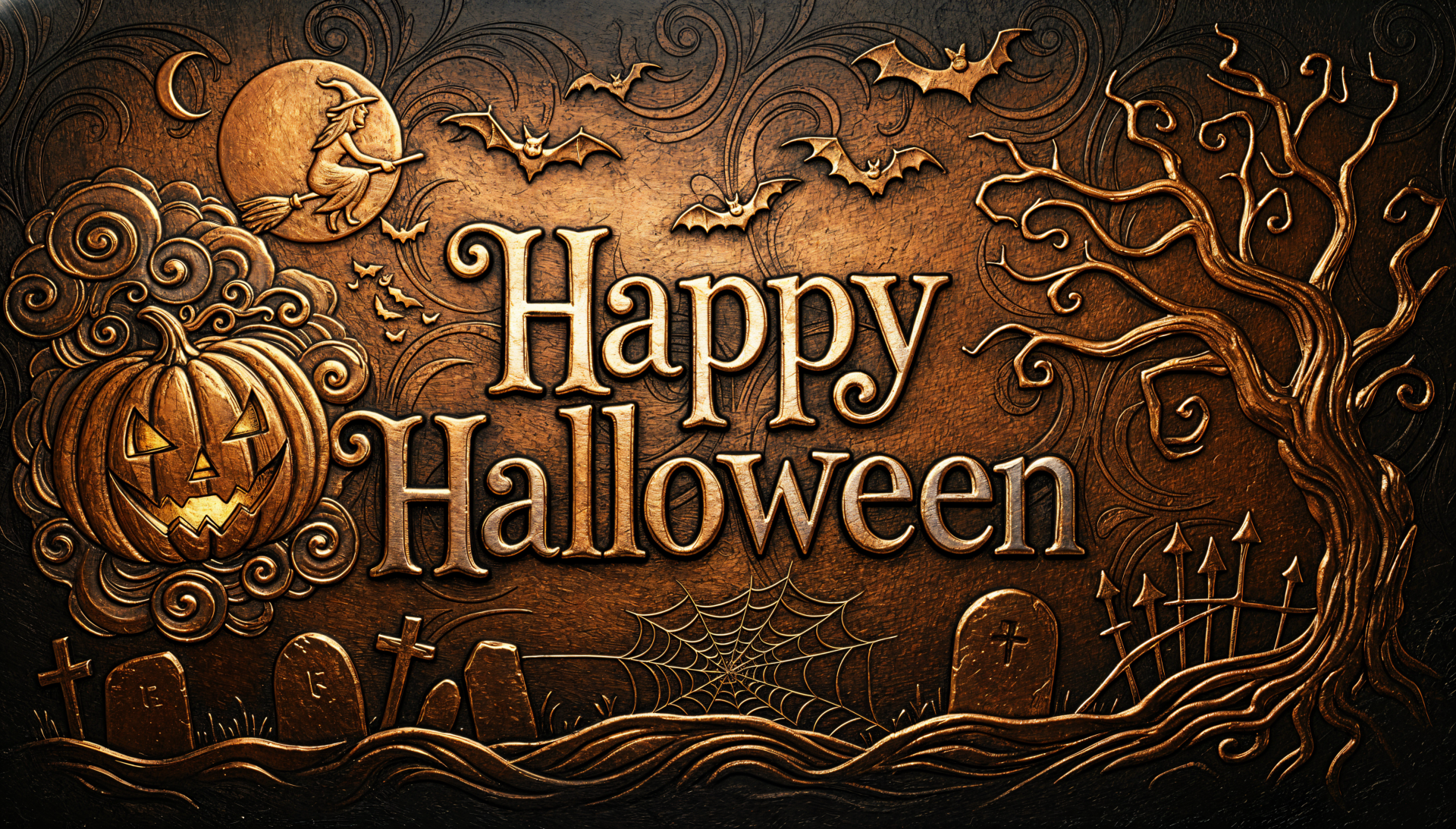 Ornate bronze Happy Halloween relief with jack-o'-lantern, moon, bats, gnarled tree, gravestones and cobweb — 4K Ultra HD PC desktop wallpaper and background.