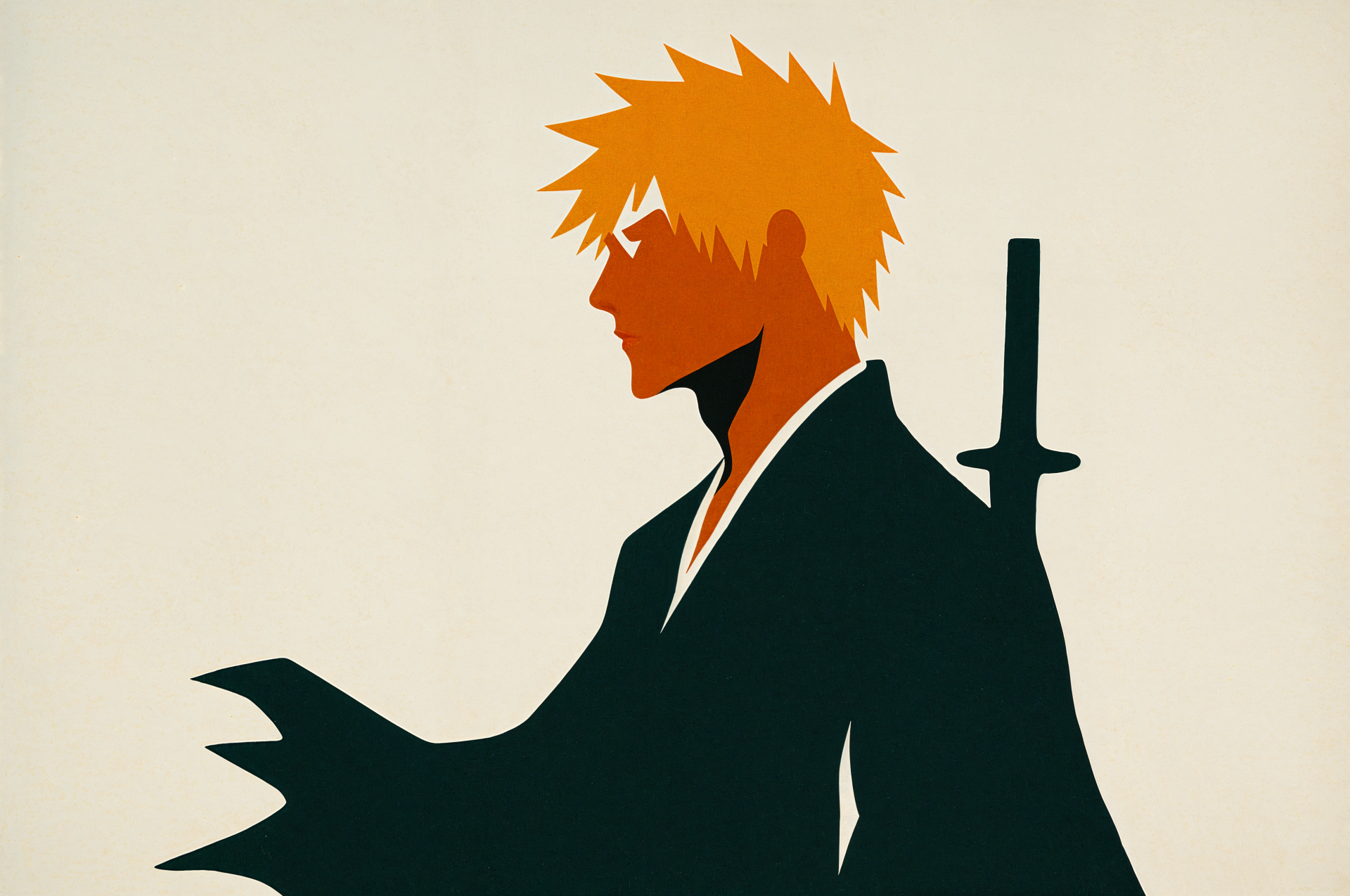 Bleach 4K Ultra HD PC desktop wallpaper and background: minimalist silhouette of Ichigo Kurosaki with spiky orange hair and his zanpakuto against a pale backdrop.
