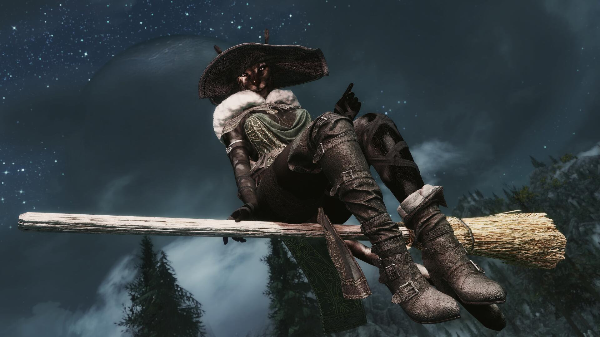 The Elder Scrolls V: Skyrim video game 4K Ultra HD PC wallpaper: armored character perched on a broomstick, silhouetted against a starry night sky above pine treetops.