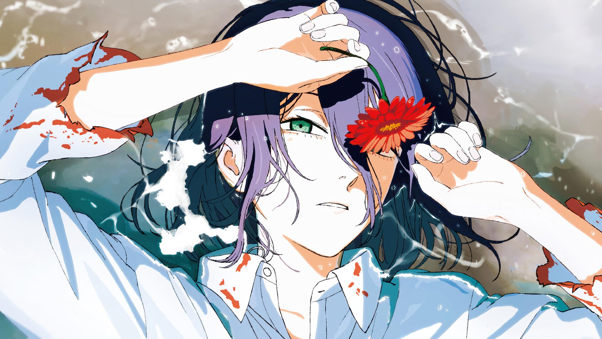 Chainsaw Man 4K Ultra HD PC desktop wallpaper and background: close-up of a purple-haired character with a green eye, blood-streaked white shirt and red flower, hand shielding their face amid smoke.