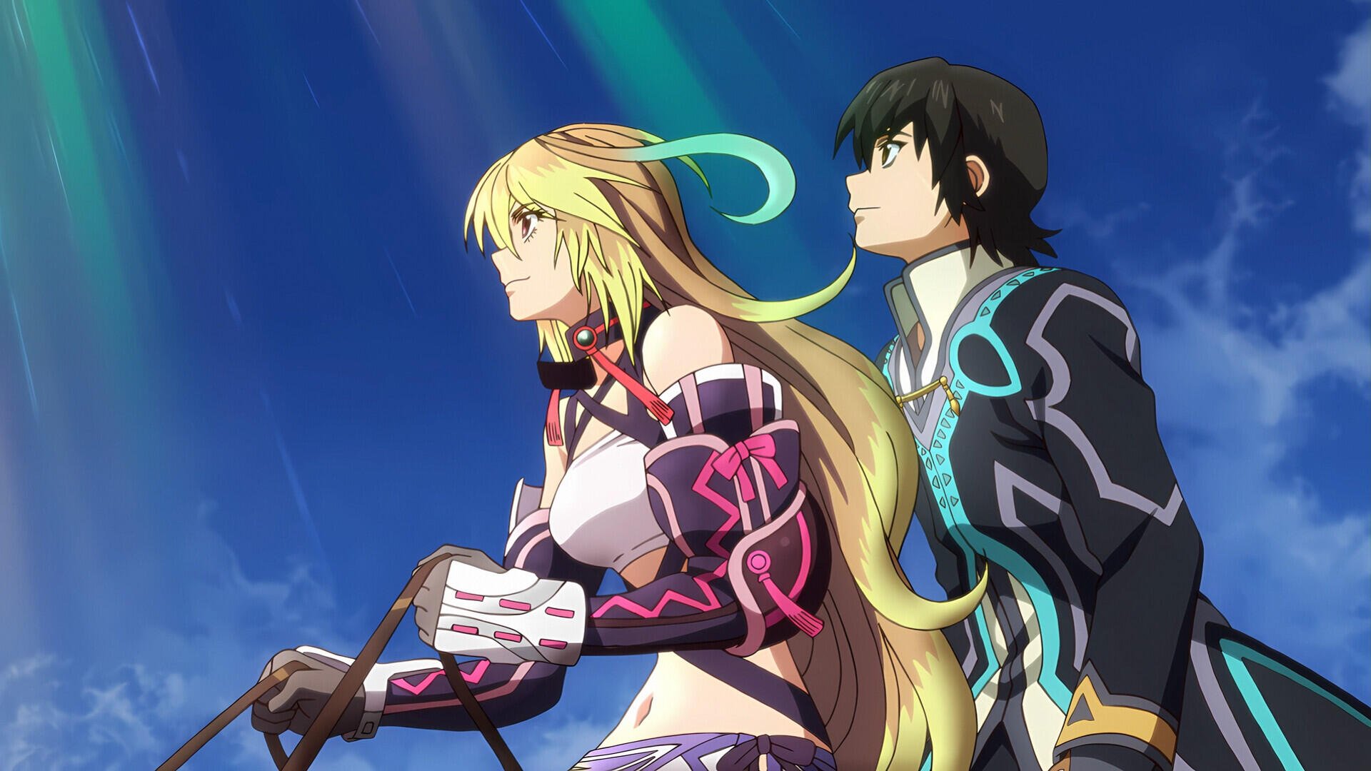 HD PC desktop wallpaper for the video game Tales of Xillia showing Milla Maxwell and Jude Mathis side by side, gazing toward a bright blue sky.