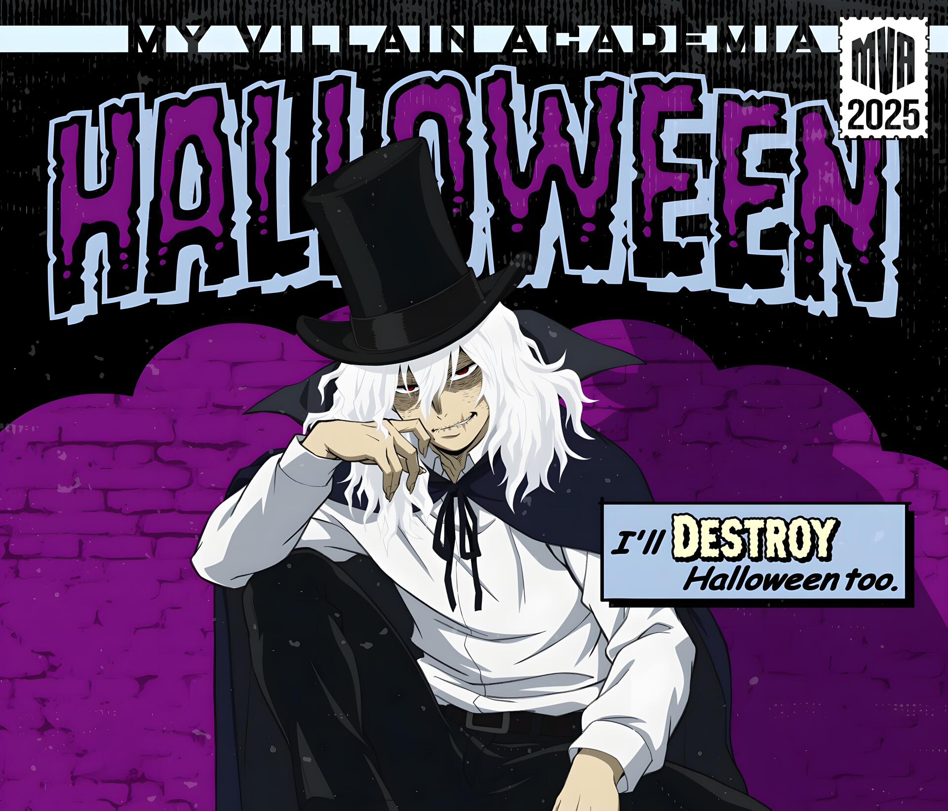 Tomura Shigaraki (My Hero Academia) 5K Ultra HD PC desktop wallpaper: white-haired villain in a top hat sits against a purple brick wall under HALLOWEEN text, saying I'll DESTROY Halloween too.