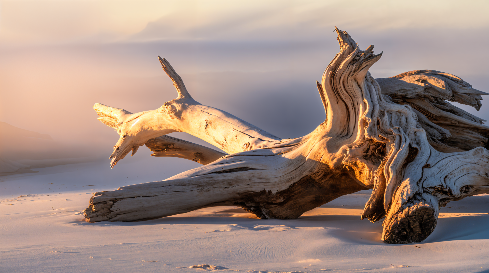 Sunlit driftwood resting on windswept sand at golden hour — 4K Ultra HD PC desktop wallpaper and background.
