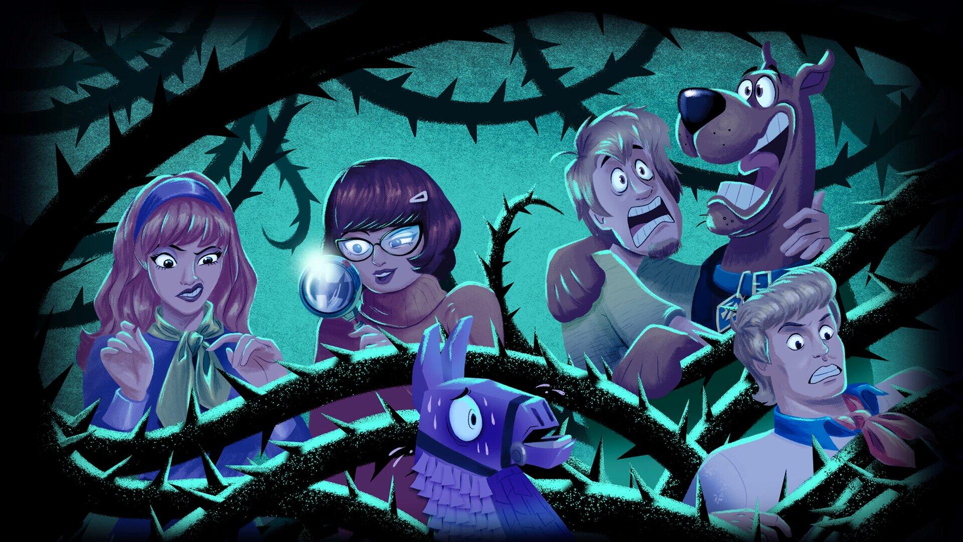 HD PC desktop wallpaper/background: Fortnite x Scooby-Doo crossover — Scooby, Shaggy, Velma, Daphne and Fred trapped in thorny vines with a glowing orb and a Fortnite llama in eerie teal light.