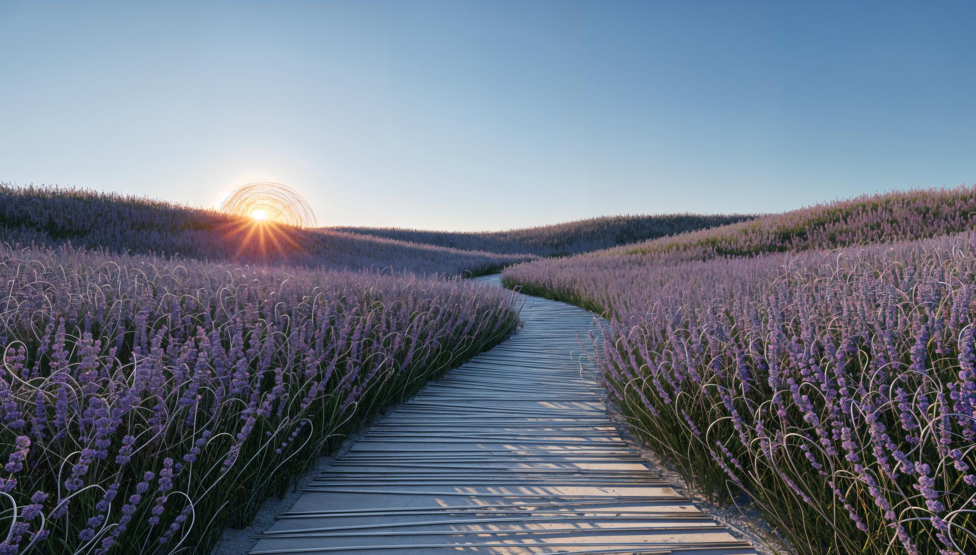 4K Ultra HD PC desktop wallpaper and background: sunrise over a lavender field with a wooden boardwalk winding through rows of purple blooms.