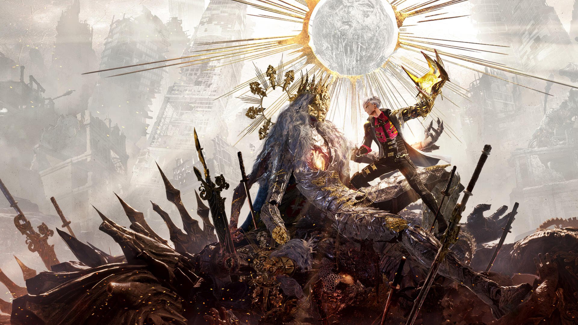 Video game Code Vein II character battling atop a mound of broken weapons and corpses under a radiant moon — 4K Ultra HD PC desktop wallpaper/background.