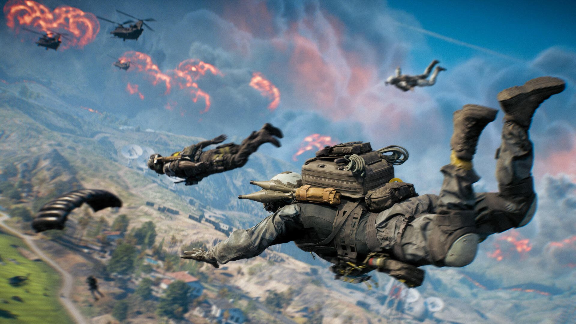 4K Ultra HD PC wallpaper: video game Battlefield: RedSec — Free Fall scene of armed soldiers free-falling past helicopters toward a rugged landscape and distant explosions.