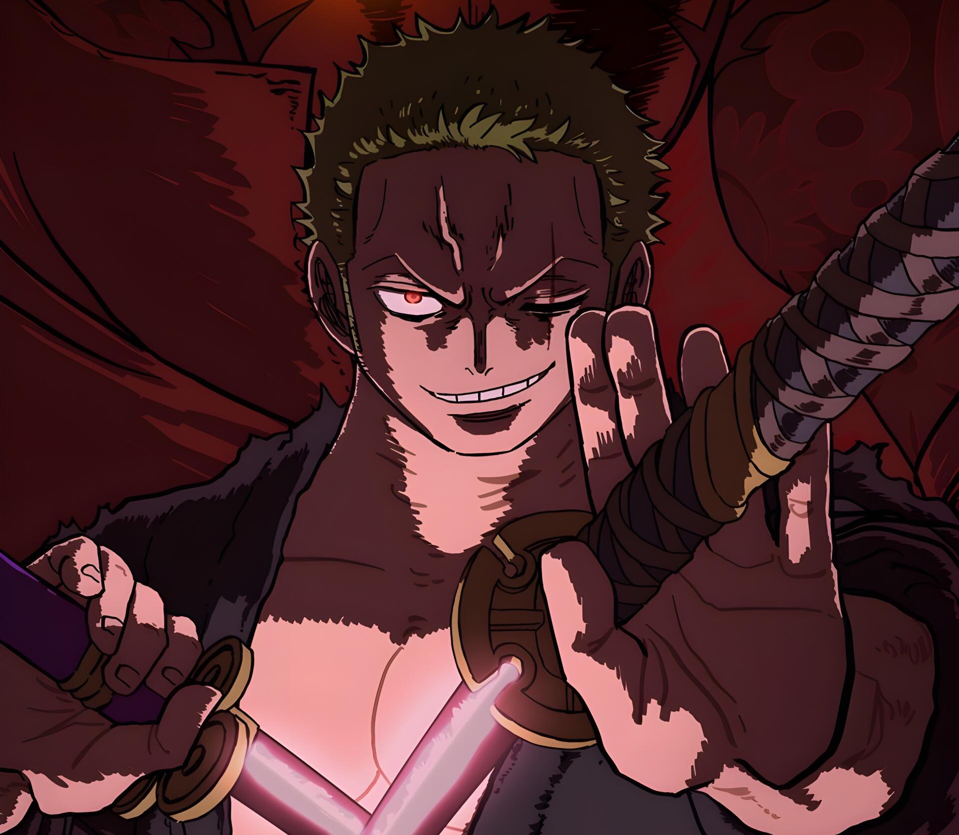 Anime One Piece Roronoa Zoro 2K Quad HD PC desktop wallpaper: close-up of Zoro with glowing red eyes, menacing grin, reaching hand and drawn swords against a dark red background.