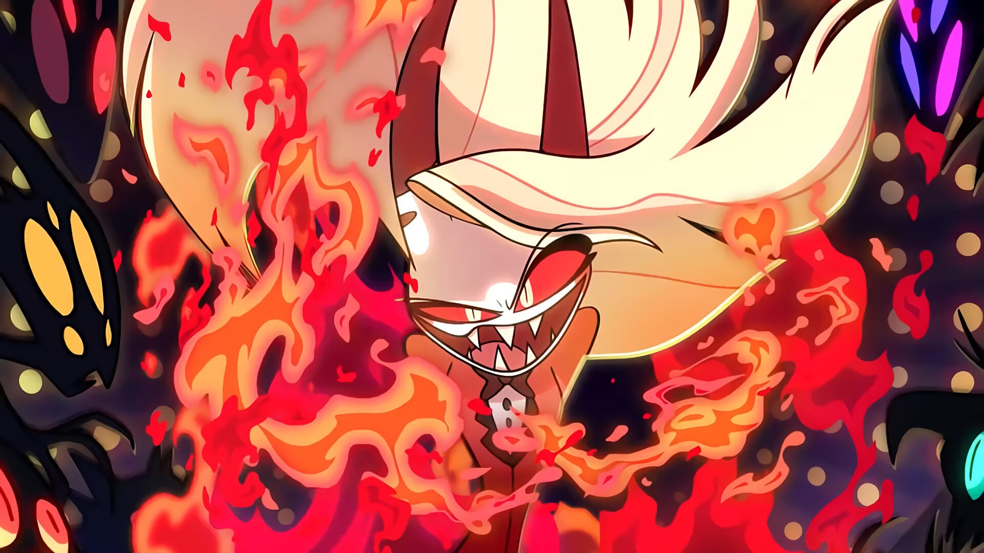 4K Ultra HD PC wallpaper: Charlie from Hazbin Hotel, horned and grinning as fiery red-orange flames swirl around her.