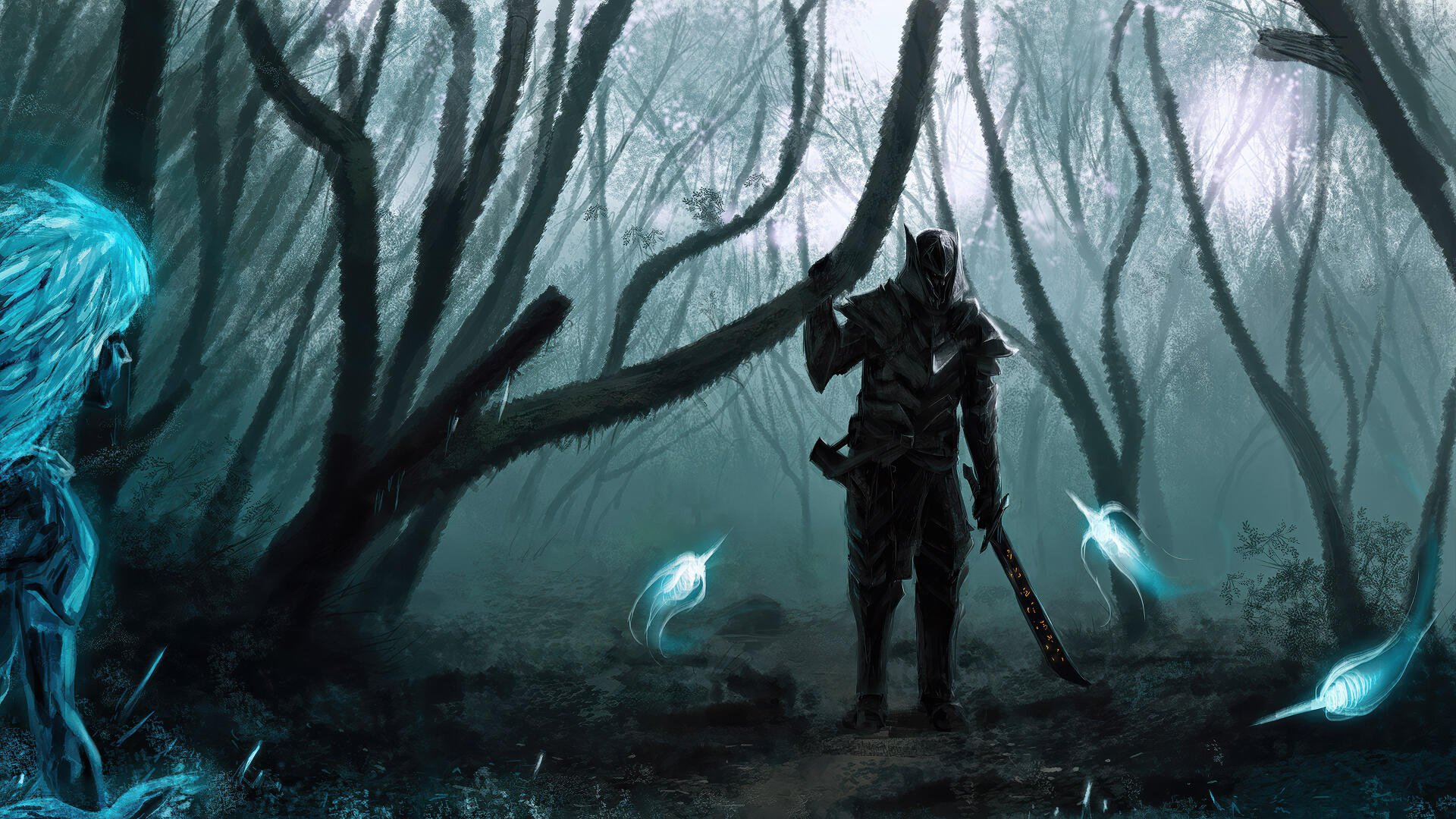 4K Ultra HD PC desktop wallpaper of a lone armored warrior in a misty fantasy forest, surrounded by small glowing blue fairies.