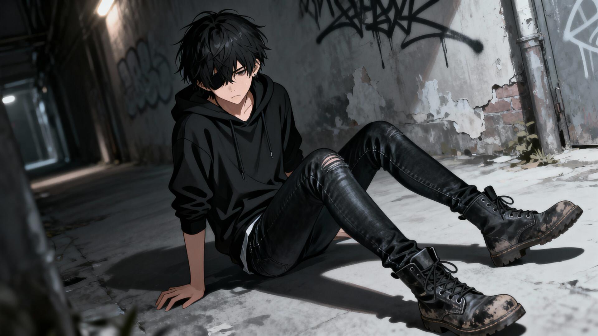 Emo anime boy in a black hoodie and scuffed boots sitting against a graffiti-covered alley wall, moody 4K Ultra HD PC desktop wallpaper/background.