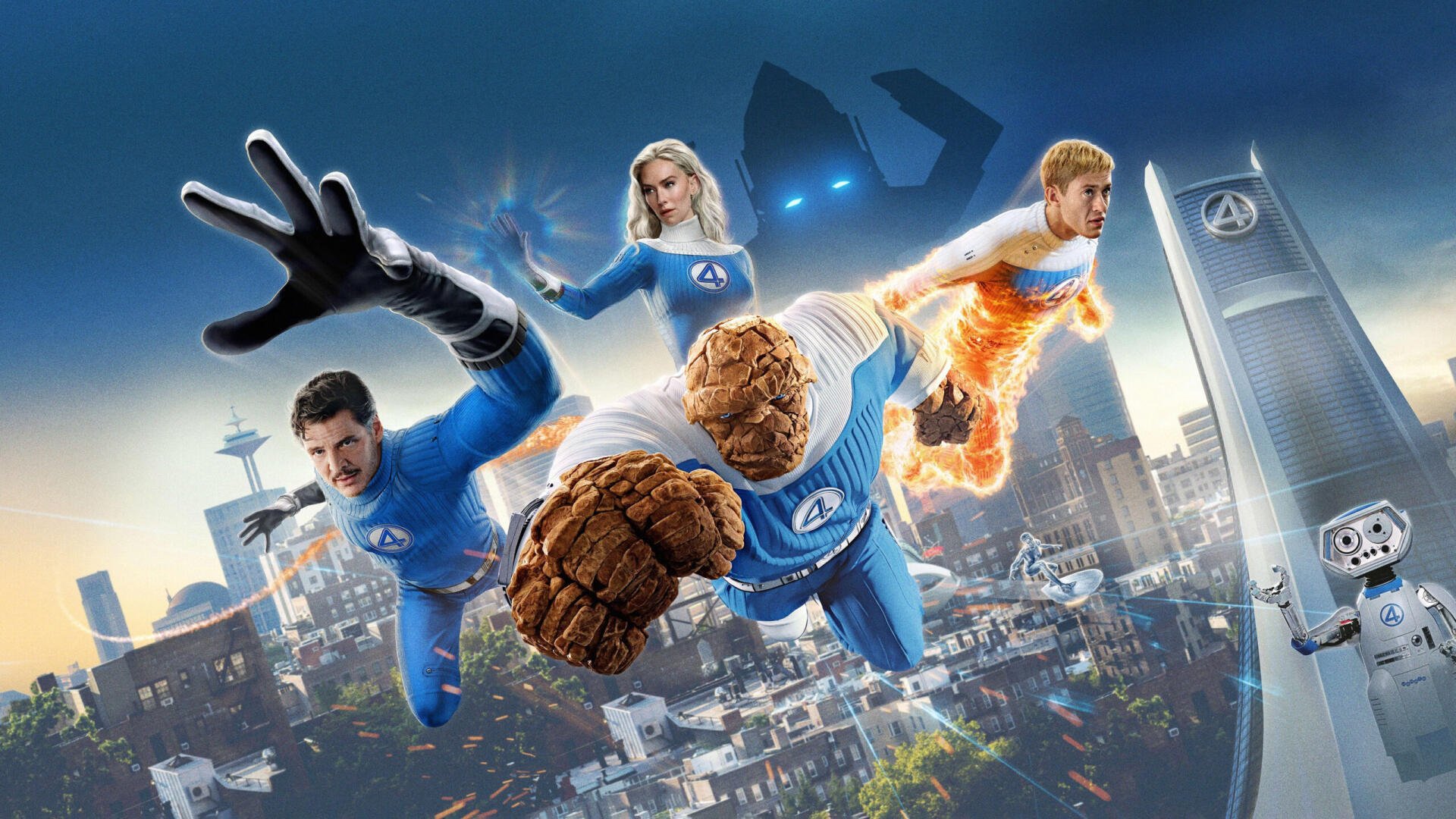 The Fantastic Four: First Steps movie 2K Quad HD PC desktop wallpaper and background—Mr. Fantastic, Invisible Woman, Human Torch and The Thing streak over a city skyline.