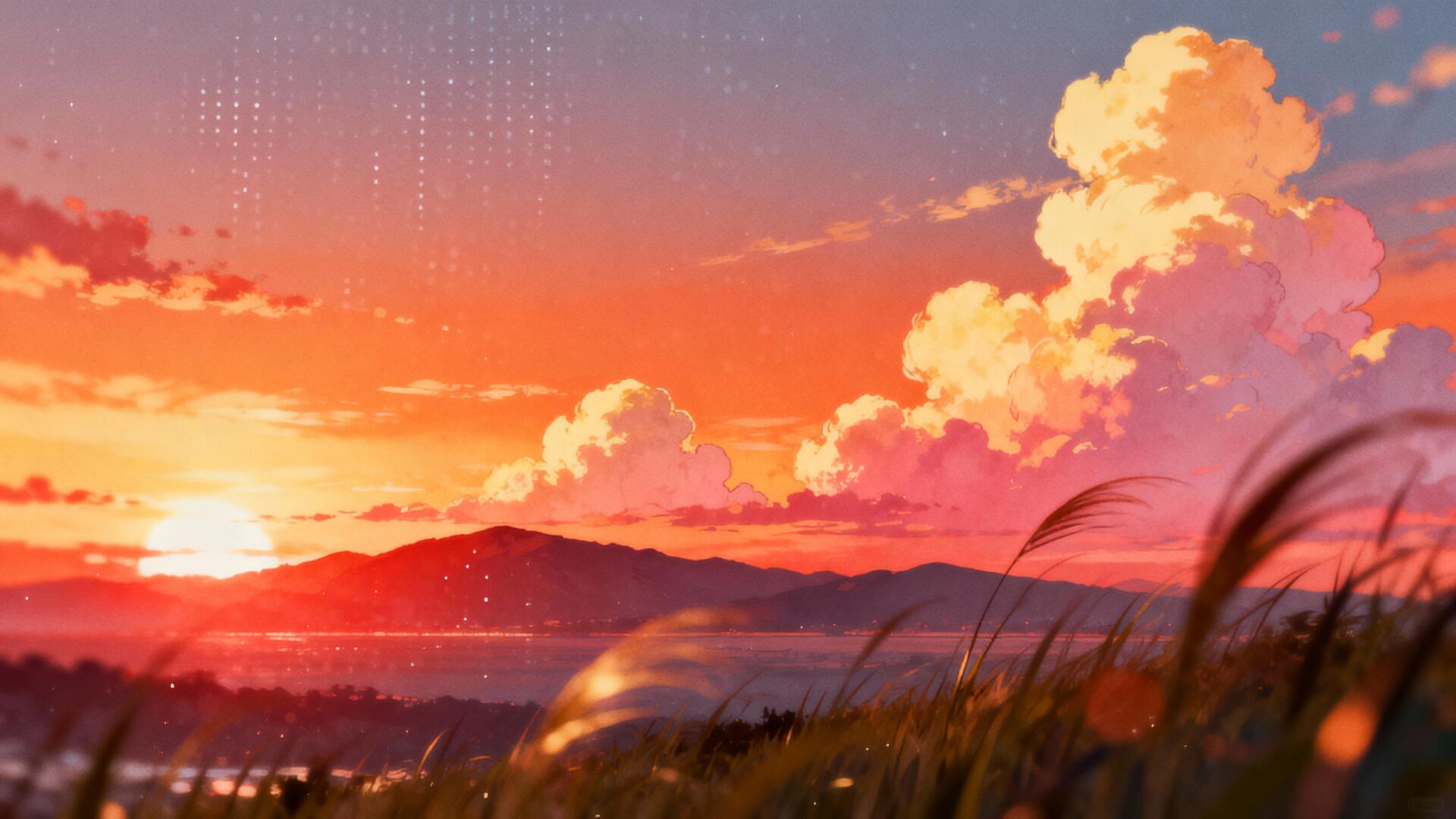 Anime sunset over rolling mountains and swaying grass, golden clouds and a glowing horizon — 4K Ultra HD PC desktop wallpaper and background.