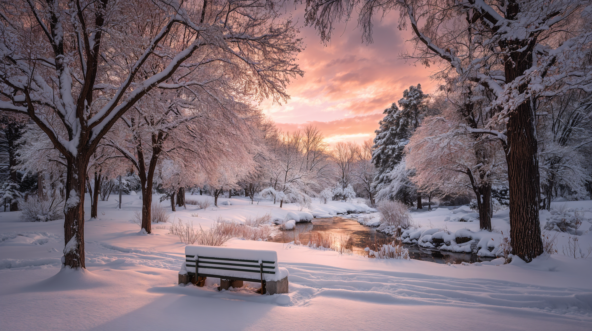 4K Ultra HD PC desktop wallpaper — winter serenity: snow-covered bench by a frozen stream, frosted trees and a pink sunrise reflecting on icy water.