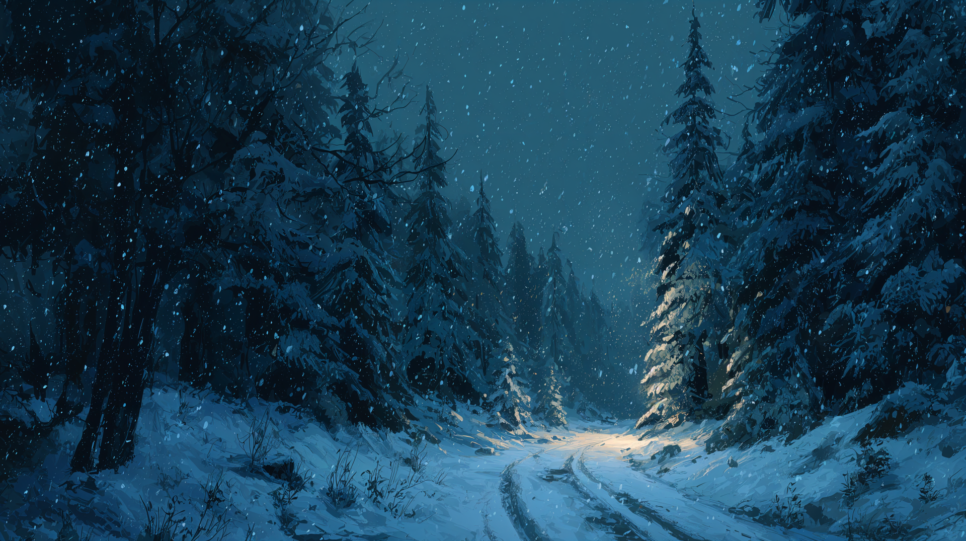 4K Ultra HD PC desktop wallpaper: a snowing winter night in a pine forest, tracks through the snow leading to a warm distant glow as flakes fall under moonlit trees.