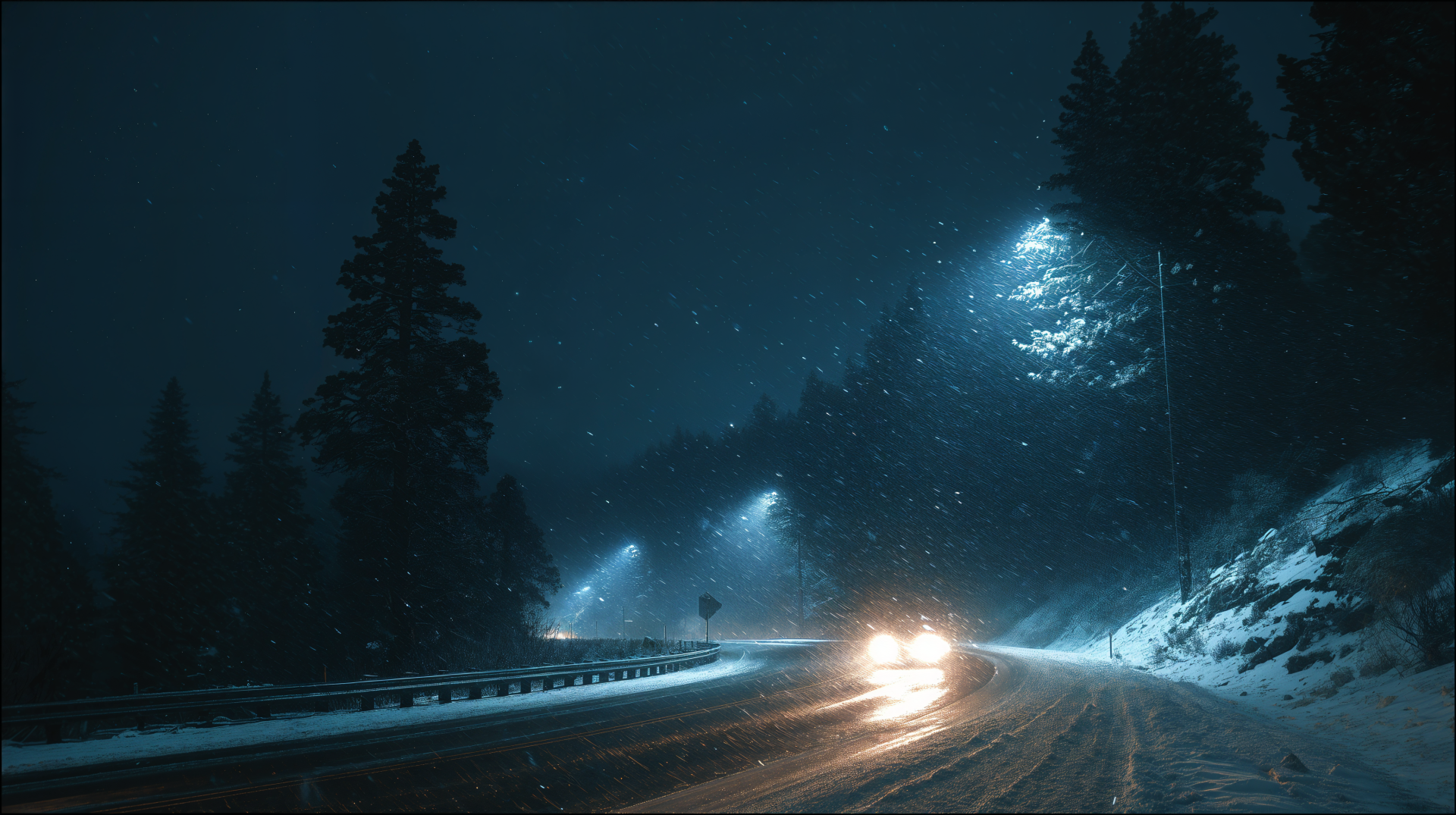 4K Ultra HD PC desktop wallpaper: snowy winter night on a winding road, car headlights cutting through falling snow beneath tall pines and glowing streetlights.
